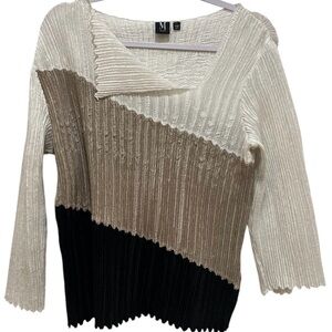 Milio Milano women’s Large soft 3/4 sleeve colorblock cream, tan & black blouse